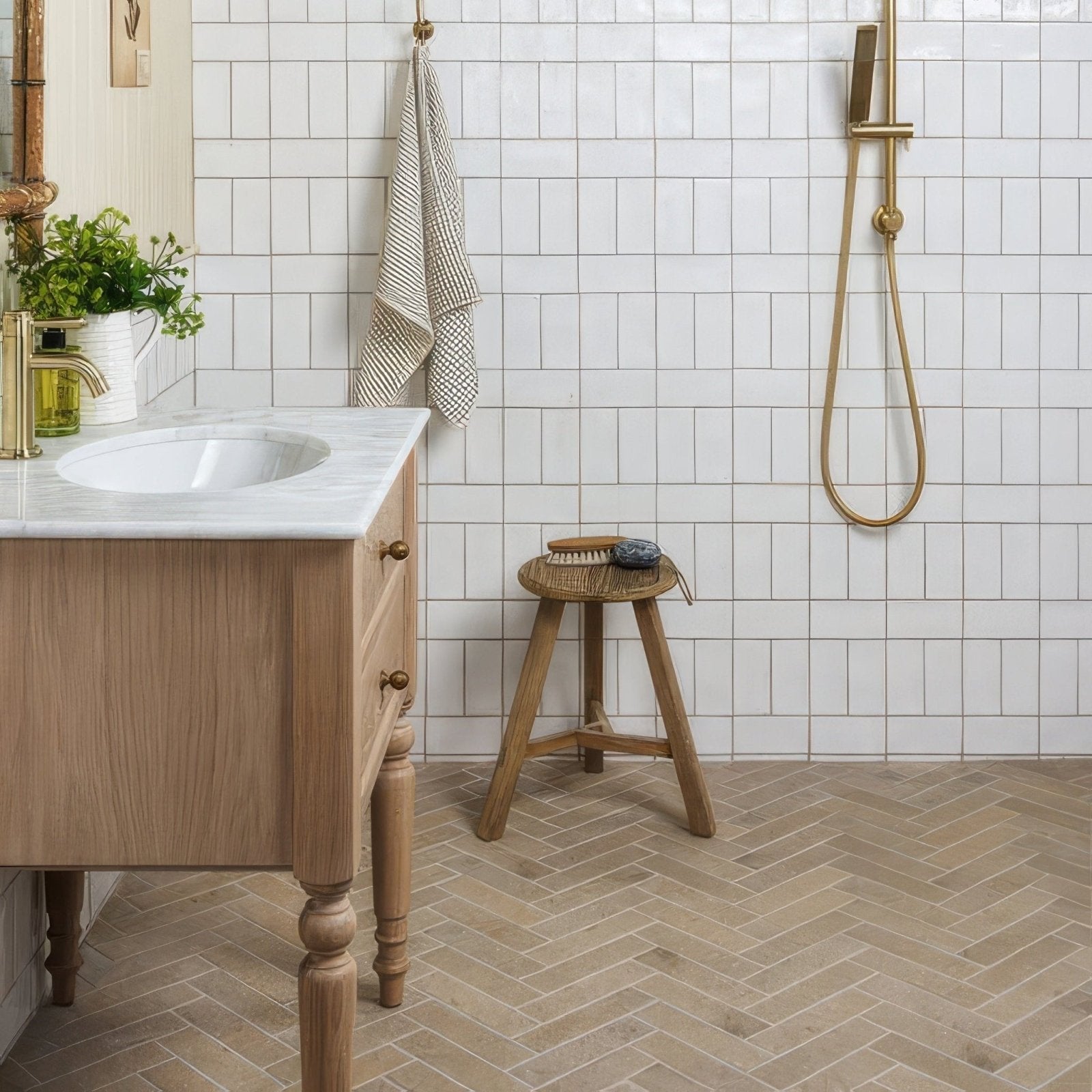 Light wood Buscot porcelain parquet textured vanity with white marble countertop and integrated sink