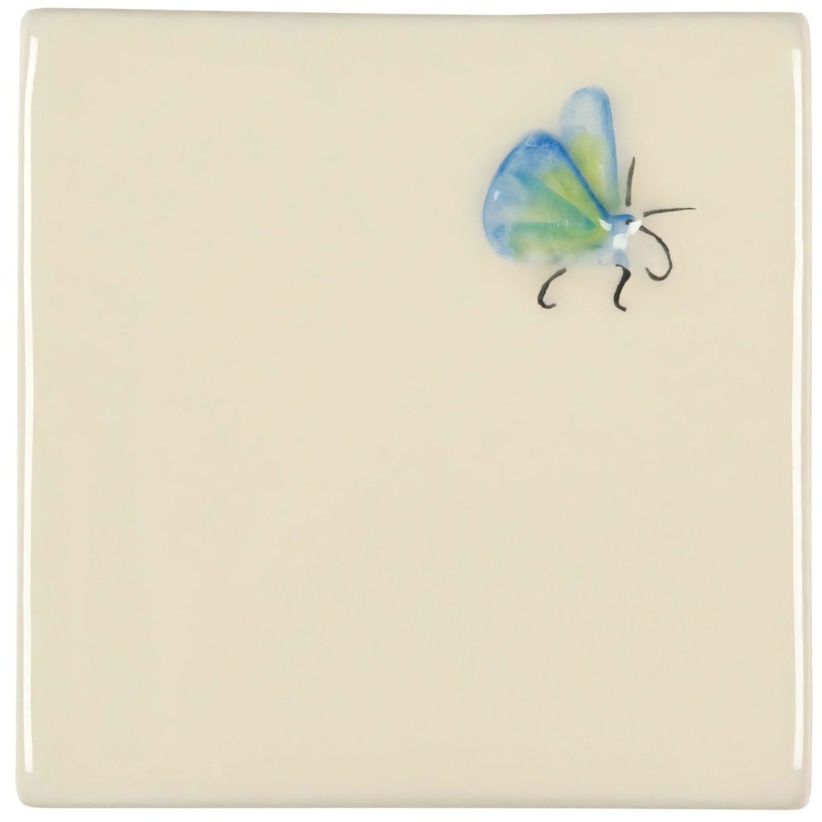 Cream-colored ceramic tile featuring a delicate hand-painted butterfly with translucent blue and green wings