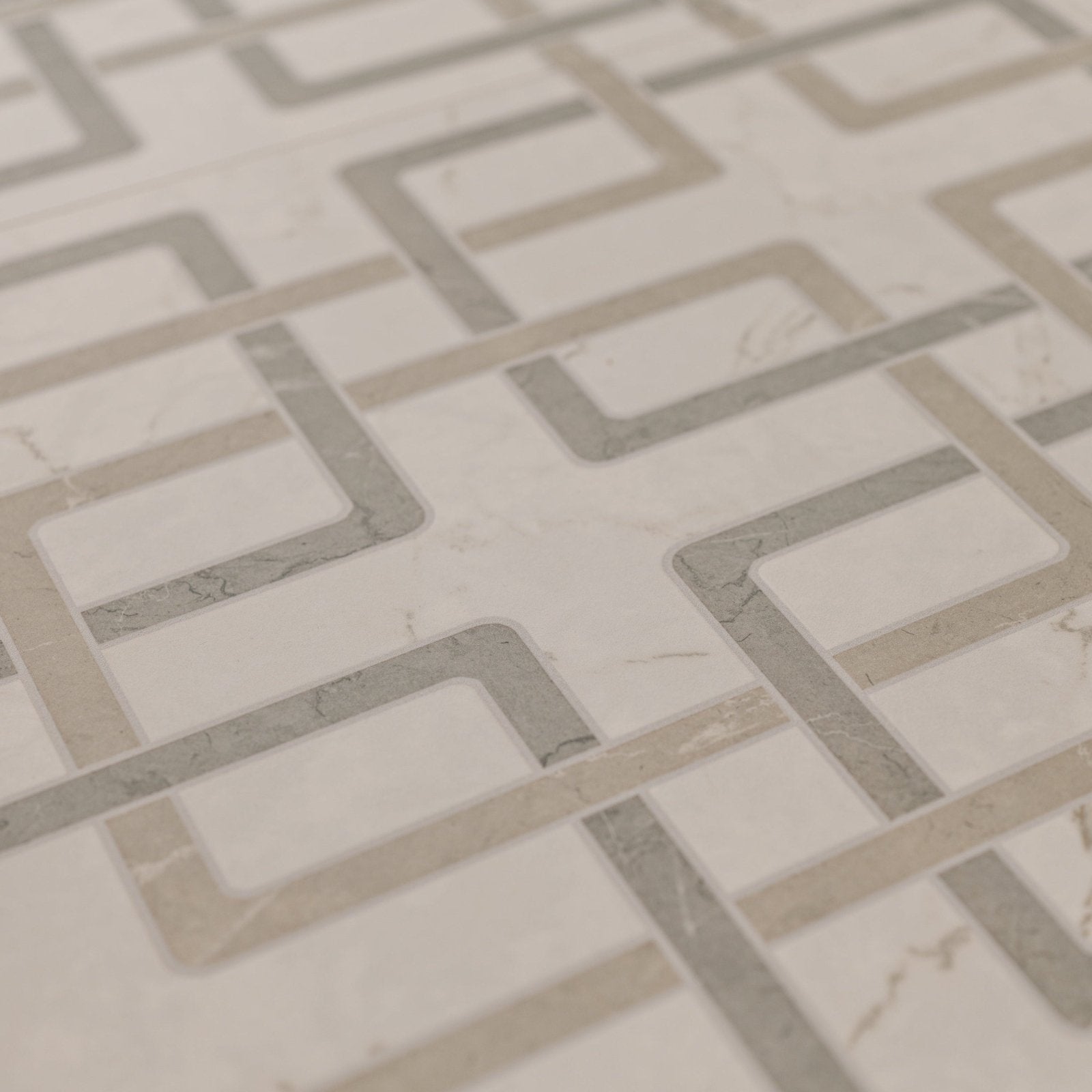 Byzantine porcelain forum sculpted geometric mosaic tile with interlocking light gray and off-white marble rectangles