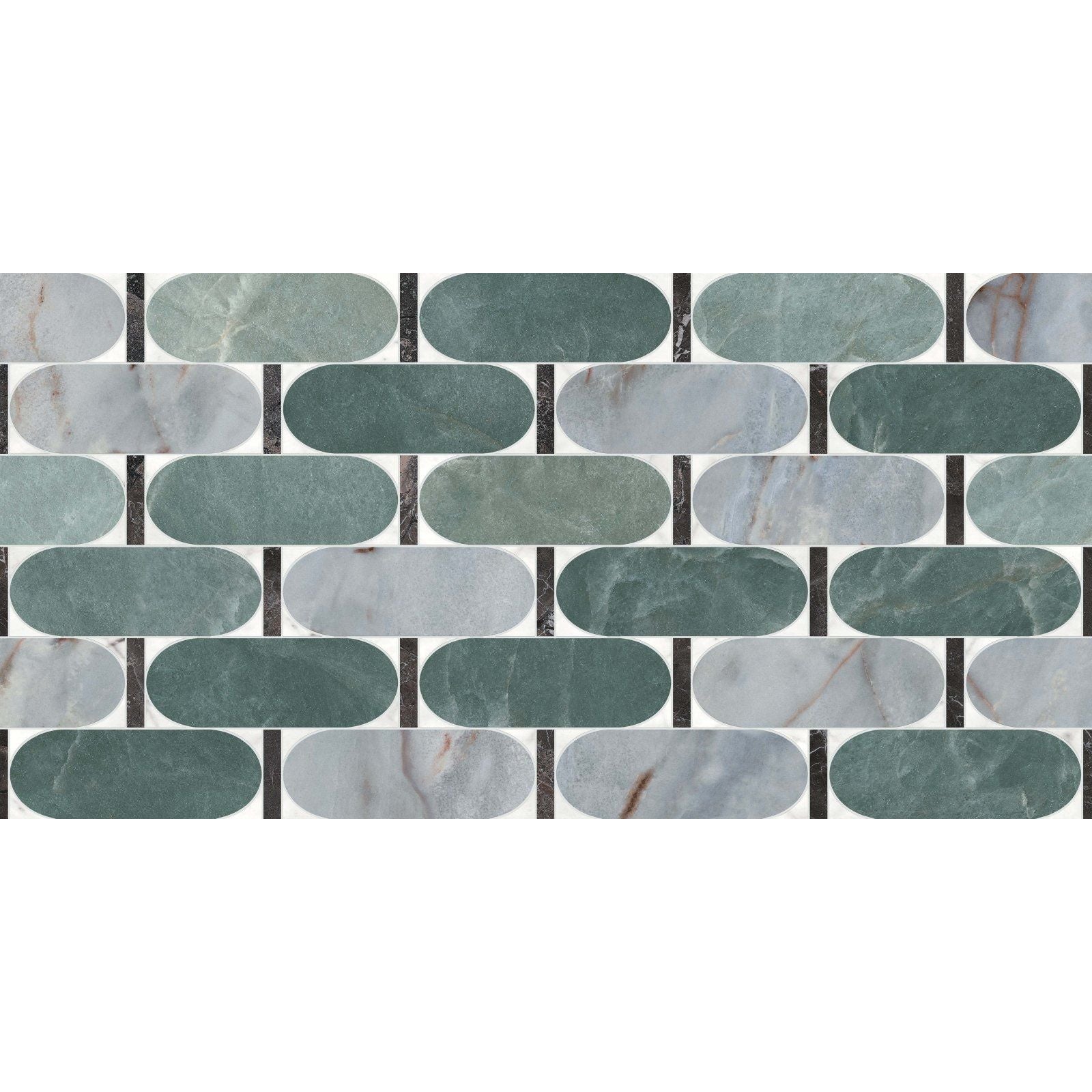 Byzantine porcelain lauro sculpted oval mosaic tile panel with alternating teal and gray marble shades and black grout lines