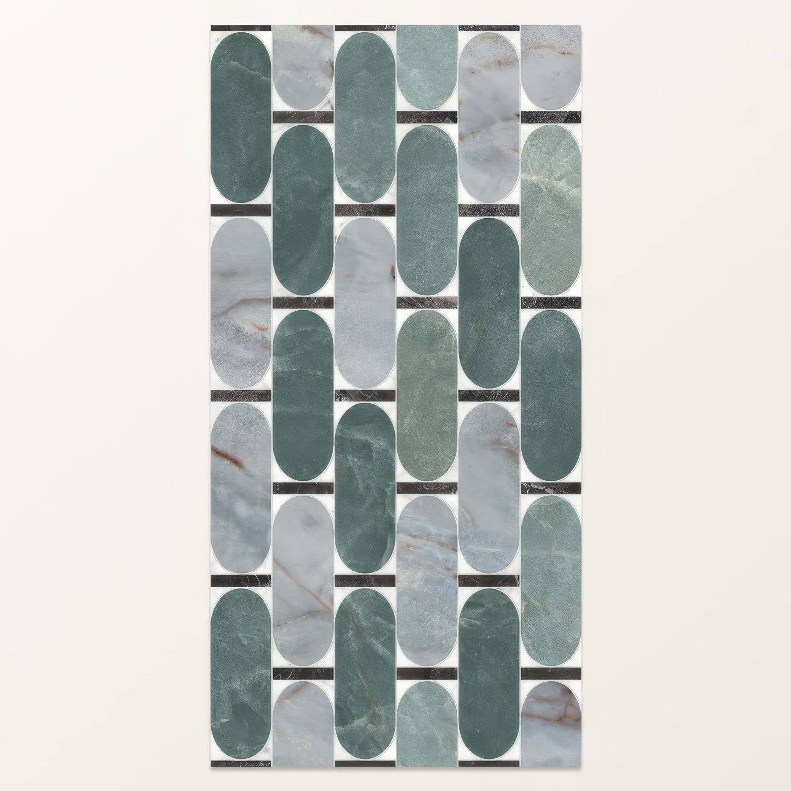 A modern byzantine porcelain lauro sculpted mosaic tile panel with alternating deep teal and light gray marble strips
