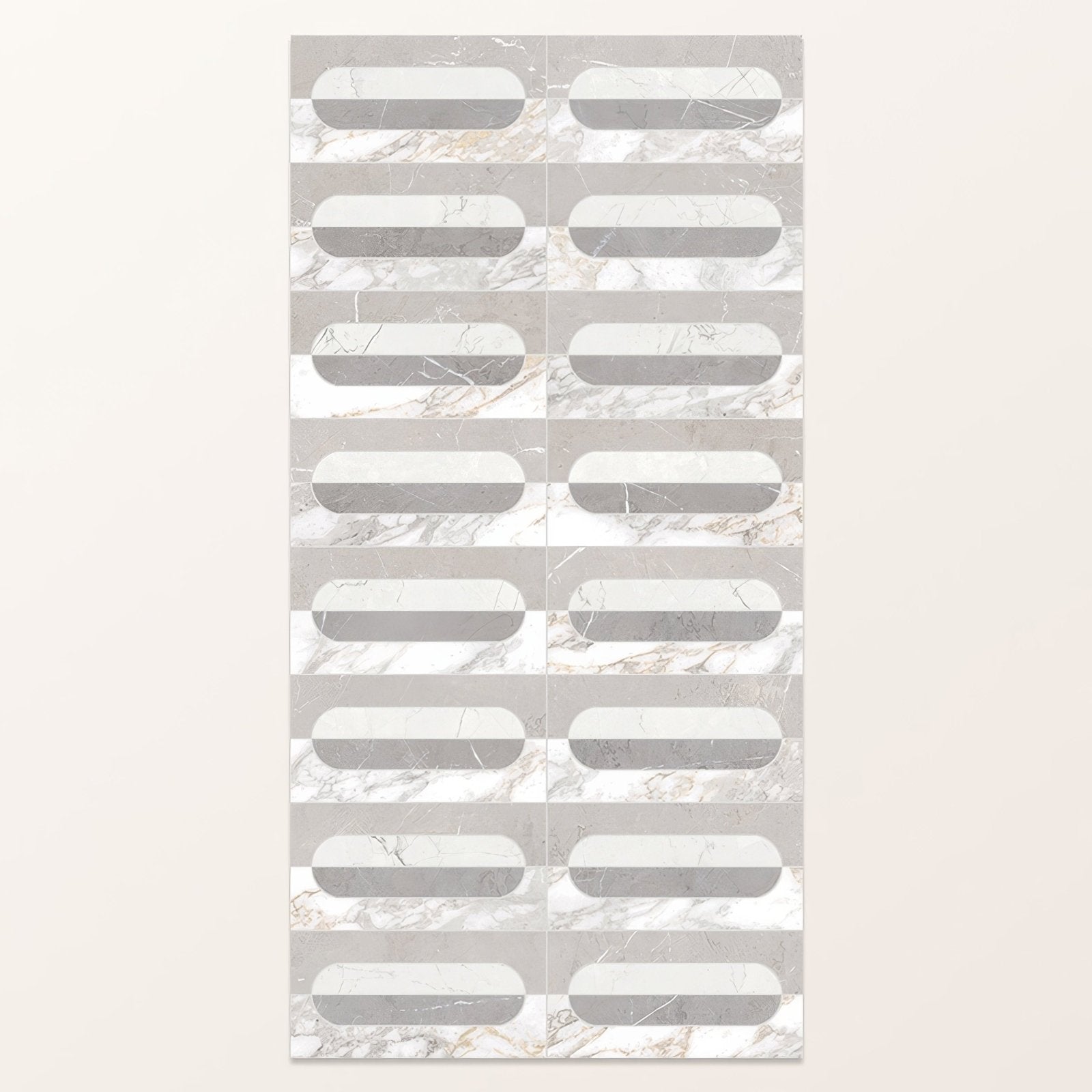 Byzantine Porcelain Palation Sculpted rectangular tile panel with white gray marble pattern and horizontal silver metallic strips
