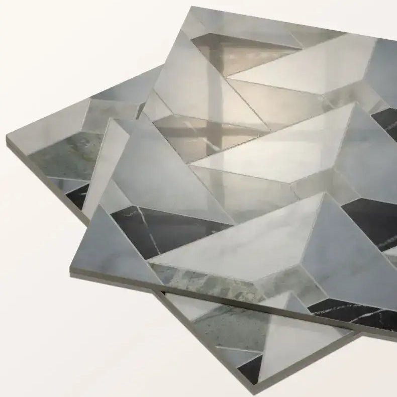 Geometric mosaic porcelain tiles with modern angular design in shades of gray and black by byzantine porcelain seraph sculpted