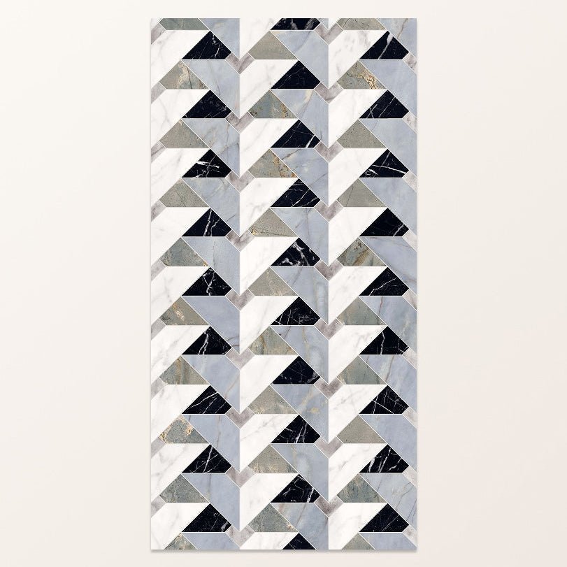 Byzantine porcelain seraph sculpted black white and gray marble triangle mosaic tile with geometric chevron pattern