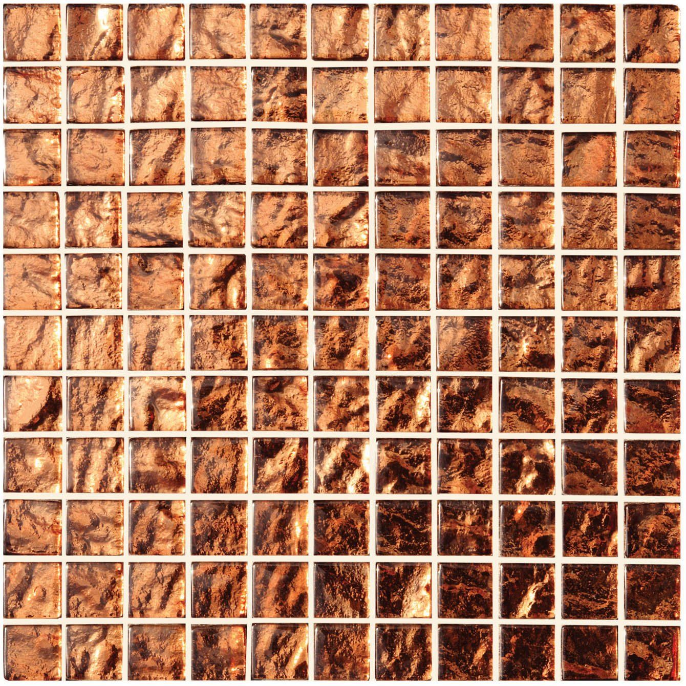 Byzantium copper glass mosaic featuring copper-colored square tiles with textured metallic finish in a grid pattern