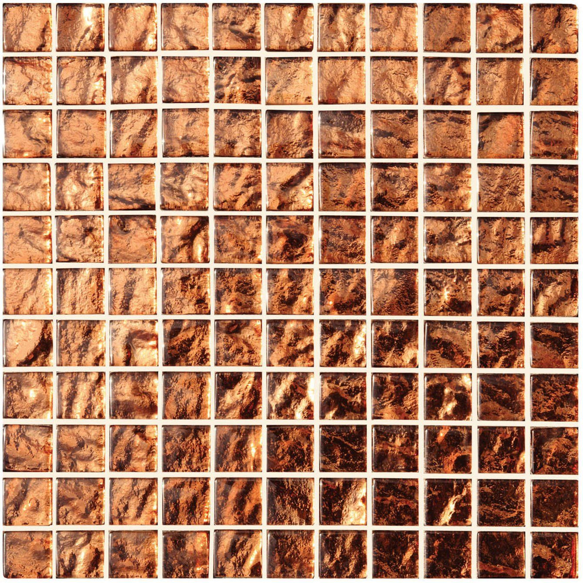 Byzantium copper glass mosaic featuring copper-colored square tiles with textured metallic finish in a grid pattern