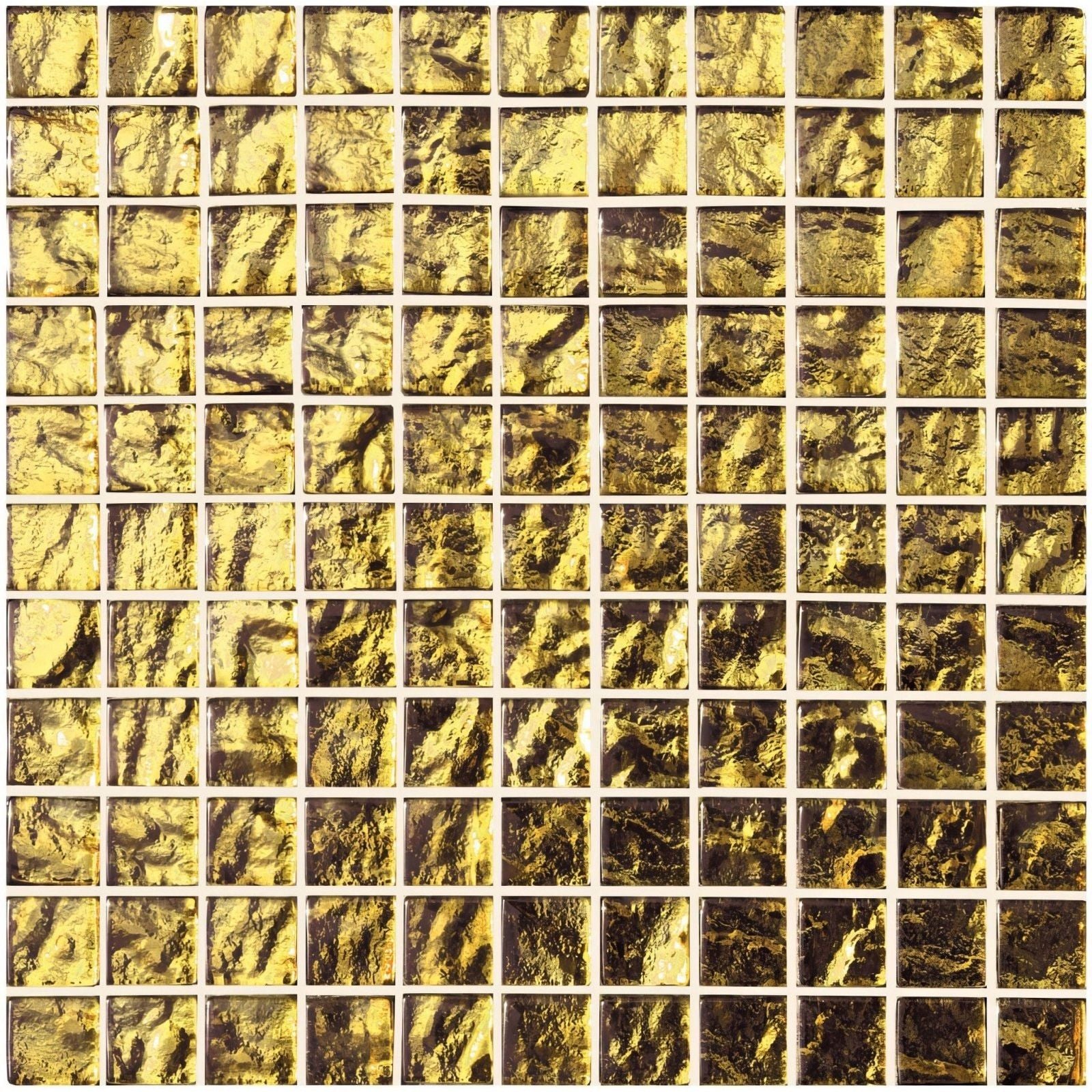 Byzantium gem gold rush glass mosaic featuring golden textured glass tiles with metallic sheen and dark veining