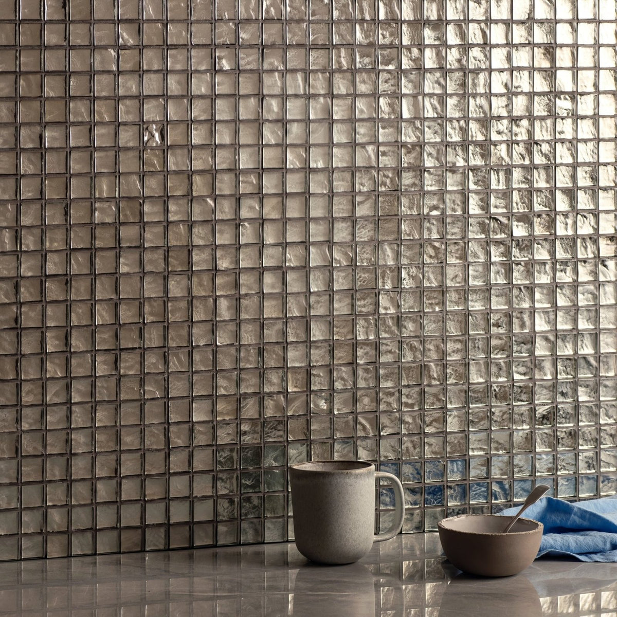 Byzantium platinum glass mosaic silver textured glass tile wall showcasing reflective mosaic design
