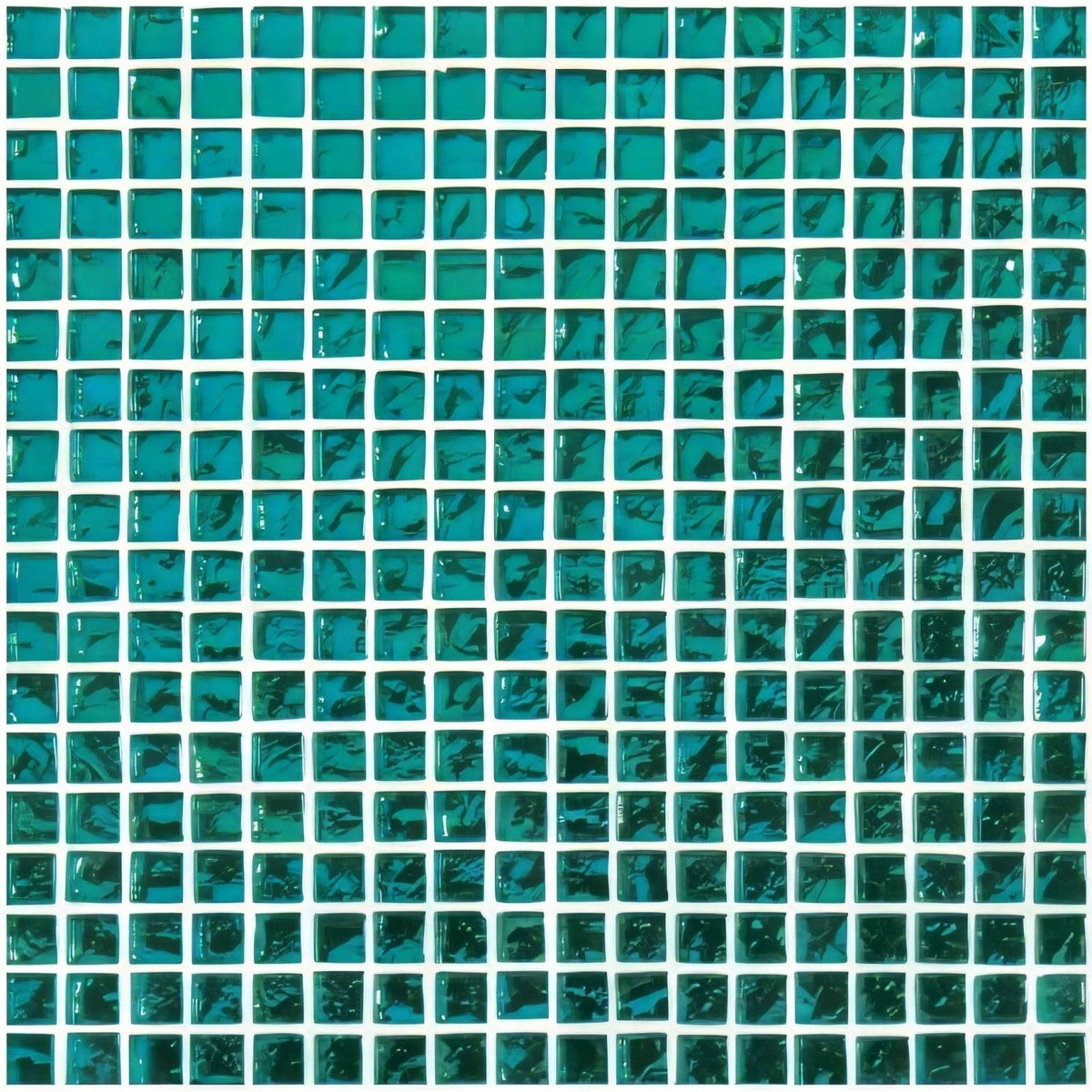 Teal glass mosaic tile from byzantium treasure with a glossy reflective surface and subtle marbled patterns