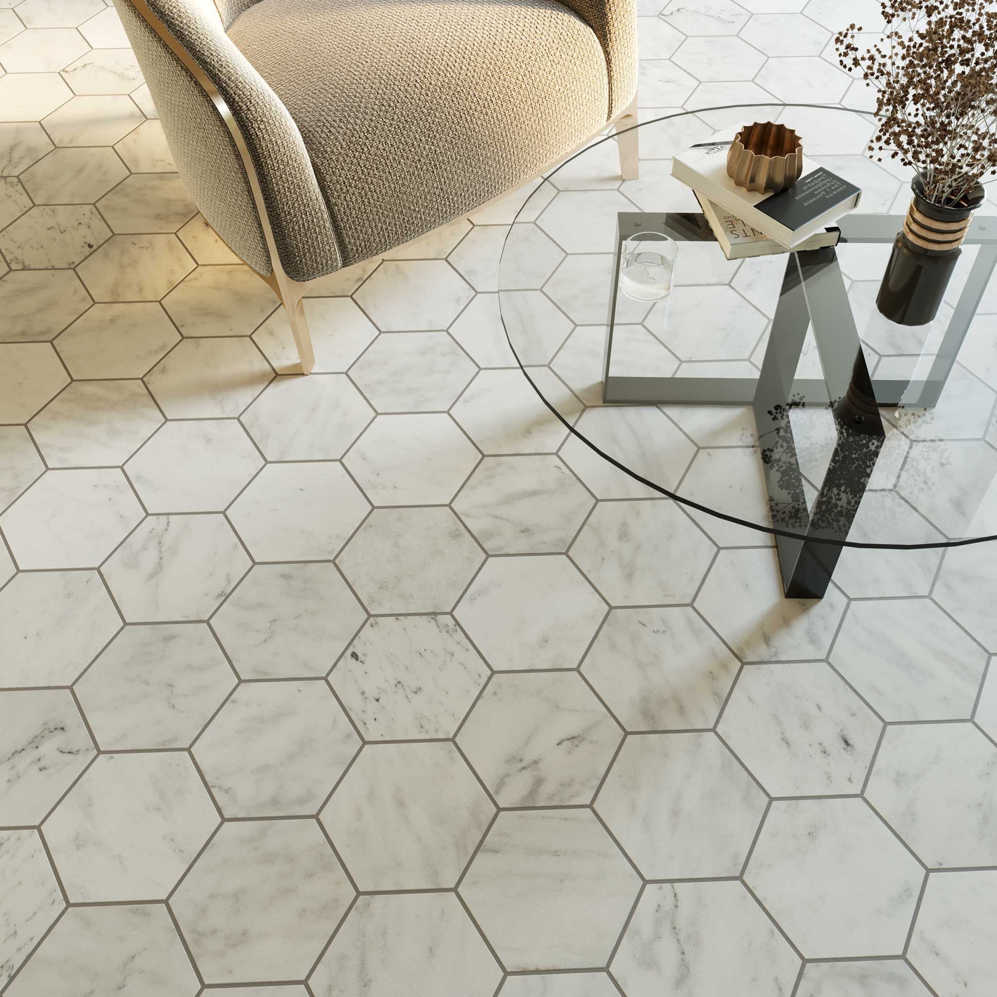 Carrara white honed marble hexagon tiles with soft grey veining