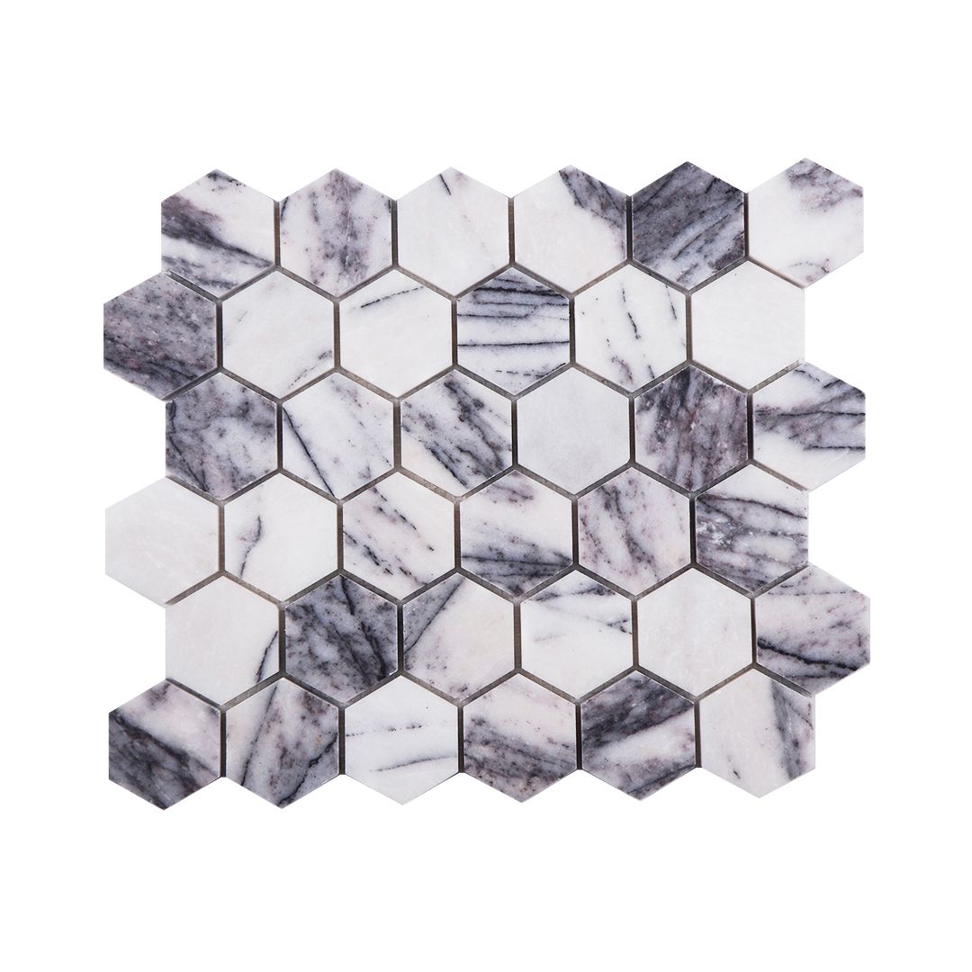 Full sheet of Calacatta Viola polished marble hexagon mosaic laid flat