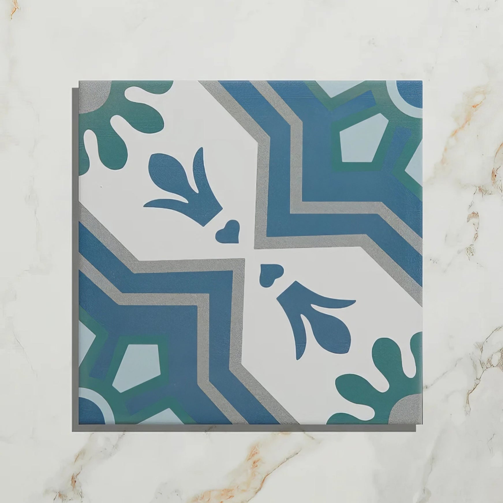 Square cabana porcelain algarve tile with vintage geometric pattern in blue teal and gray on white background