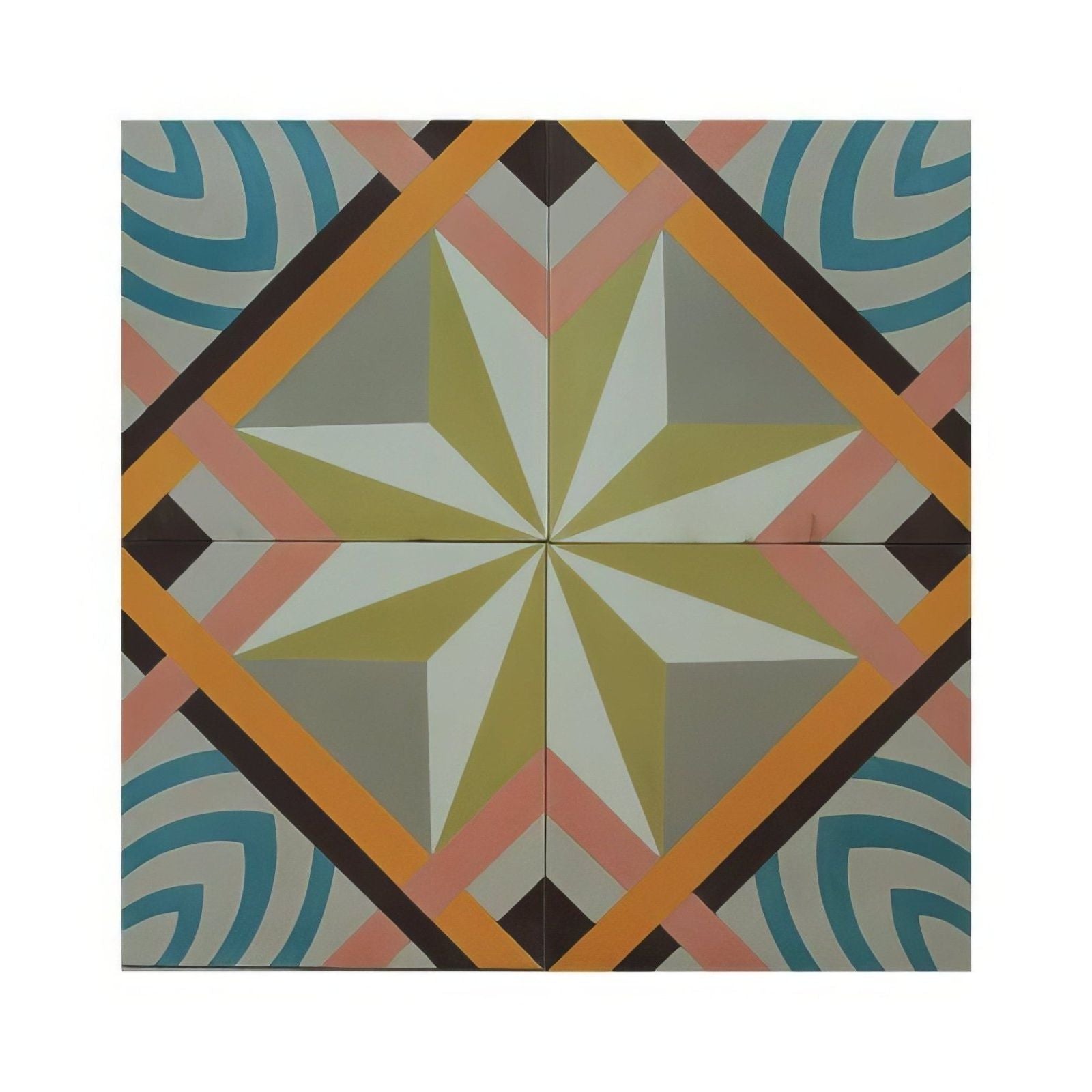 Cabana porcelain havana square mosaic tile with geometric starburst in muted yellow white gray and bold orange pink stripes
