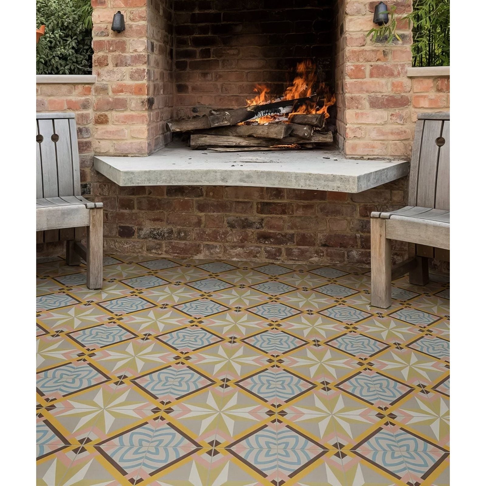 Patterned ceramic floor tiles cabana porcelain havana with geometric and floral designs in pastel yellow blue beige and brown tones