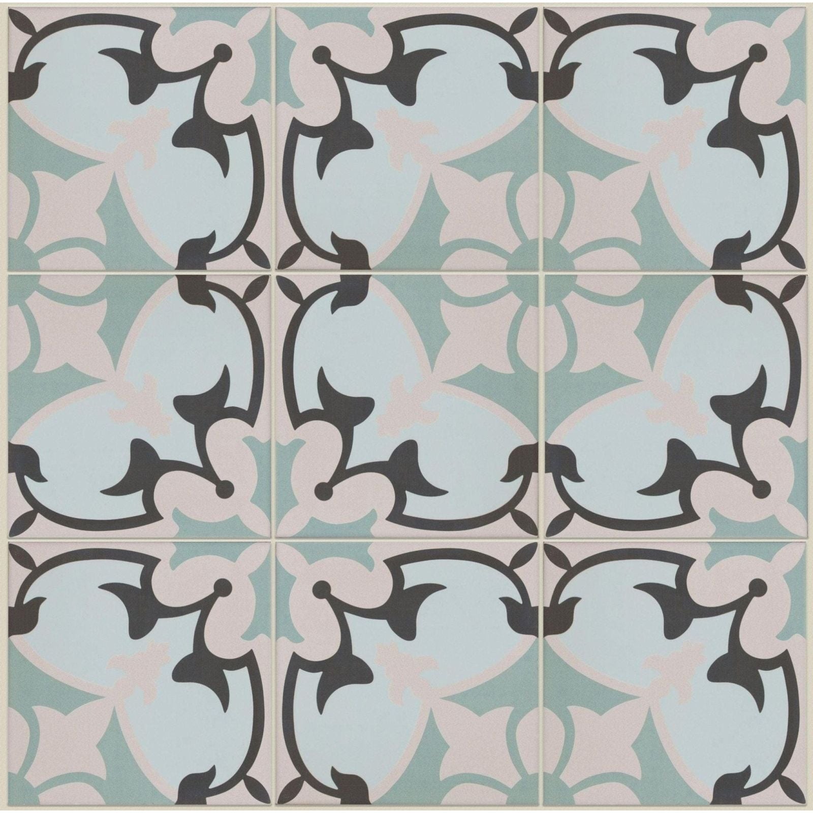 Light blue and soft pink cabana porcelain le marais ceramic tiles with black ornate floral patterns