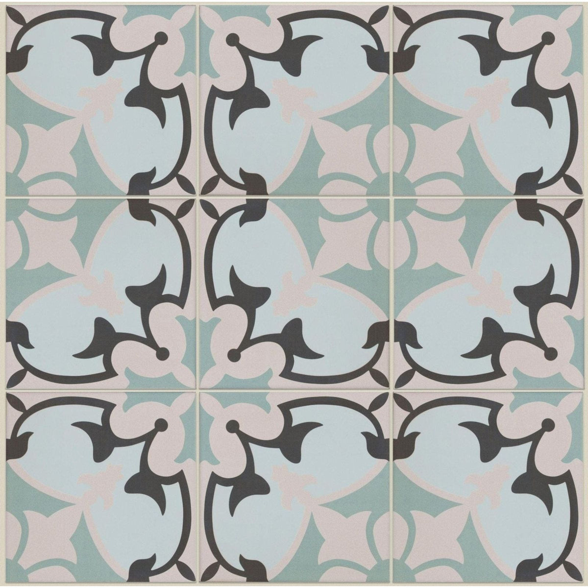Light blue and soft pink cabana porcelain le marais ceramic tiles with black ornate floral patterns