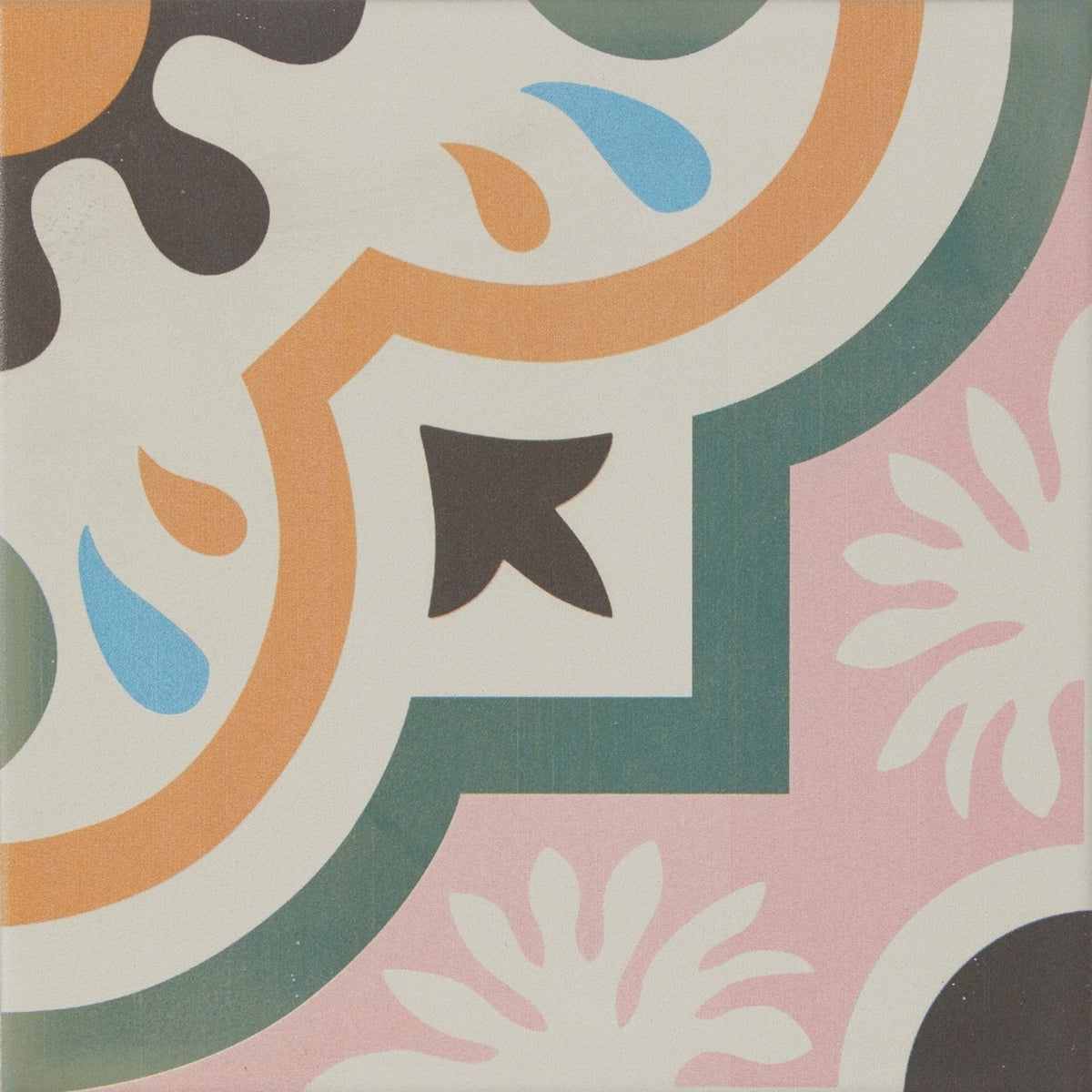 Cabana porcelain new orleans colorful patterned ceramic tile with vintage orange teal swirls and pink floral motifs