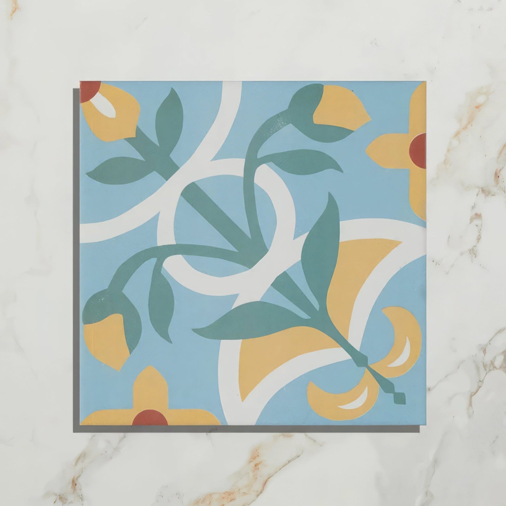 Square cabana porcelain tile with light blue background featuring stylized yellow flowers green leaves and red dots
