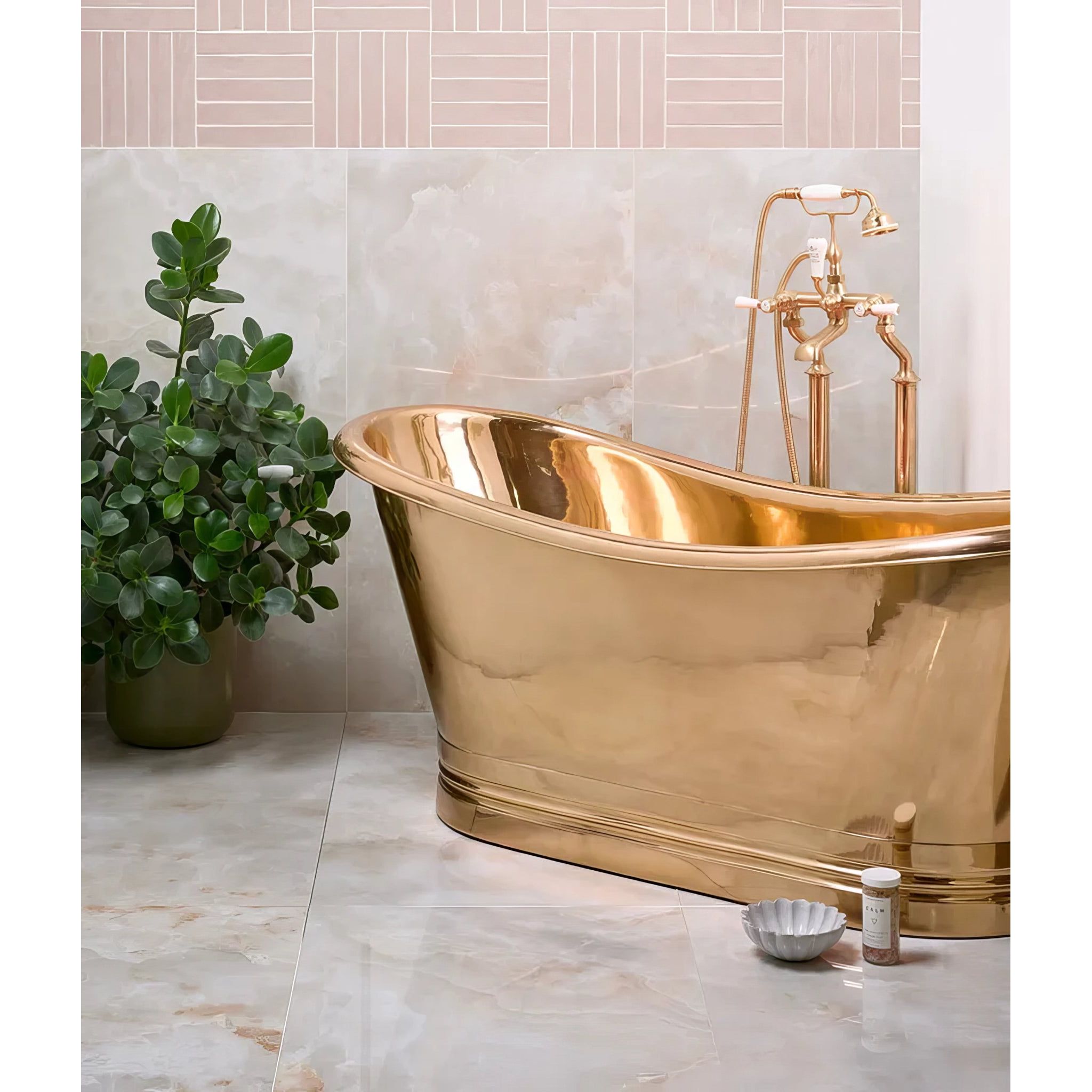 California Porcelain Beige beige marble-effect tiles with a gold freestanding bathtub