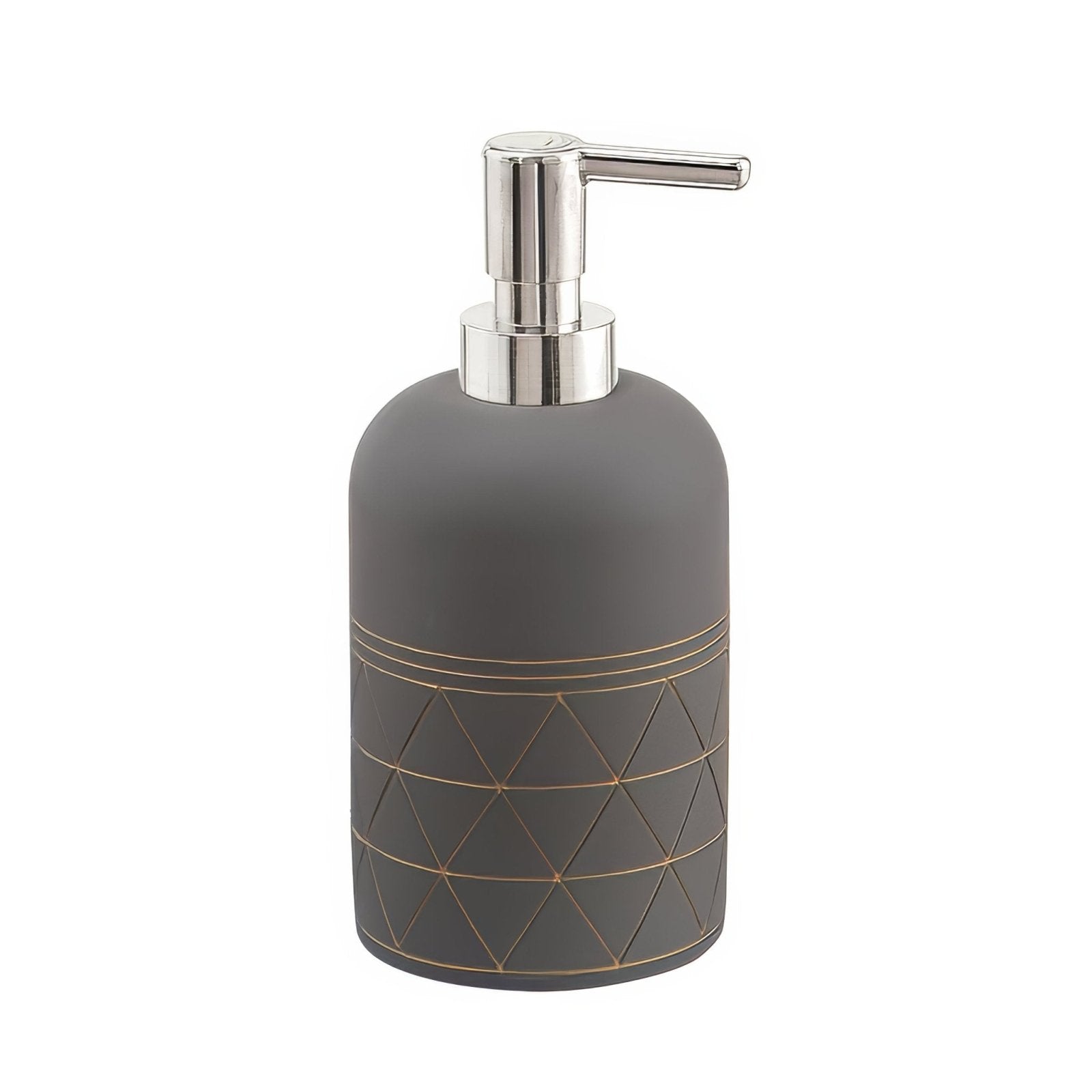 Calipso soap dispenser grey with gray matte finish silver pump and subtle geometric gold trimmed pattern