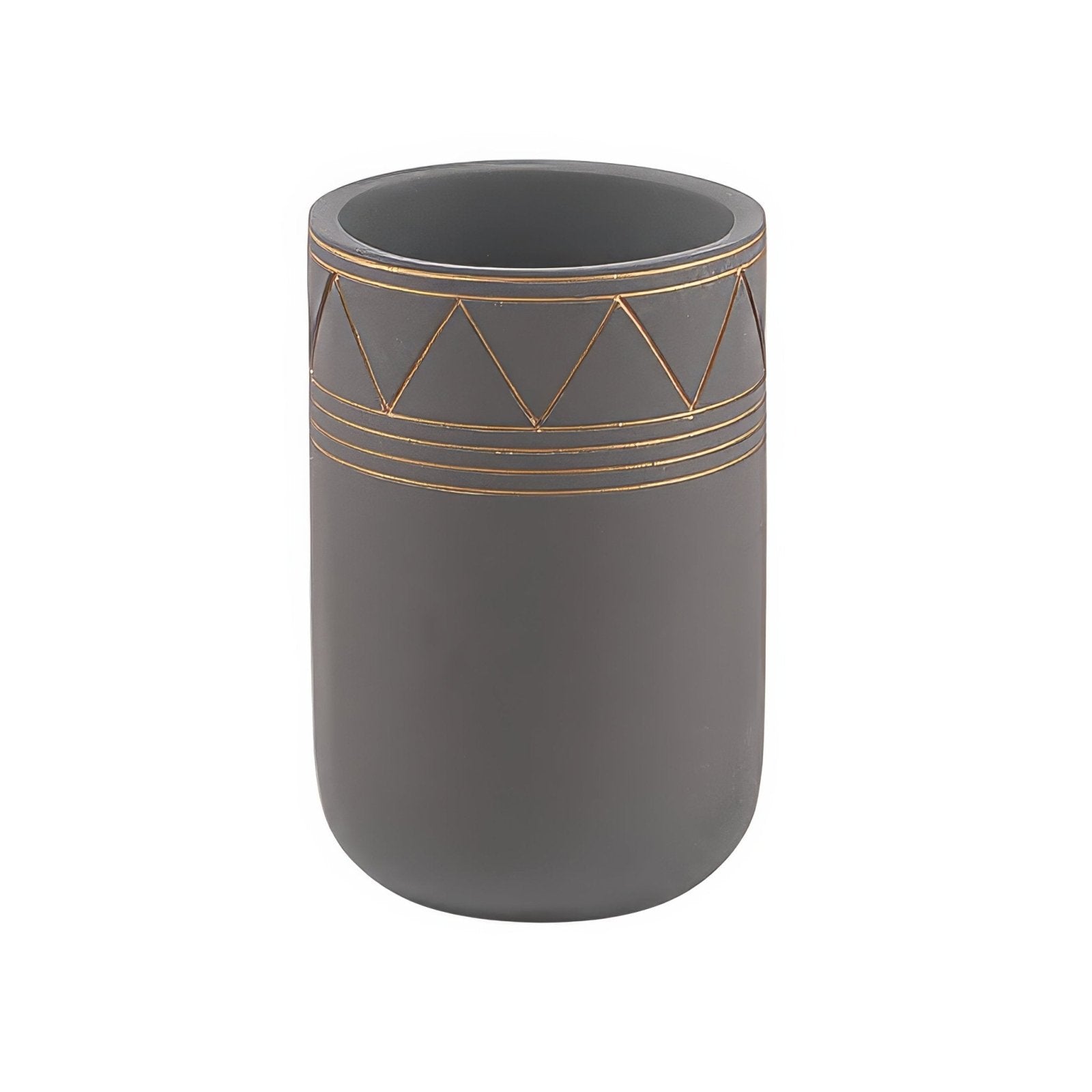 Calipso tumbler grey gray ceramic toothbrush holder with gold geometric triangle and line detailing