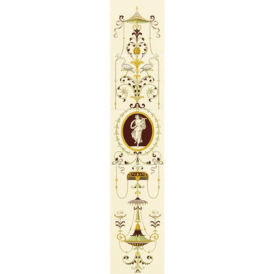 Elegant cream-colored cameo carousel 5-tile set with gold and dark brown ornate designs on county white background