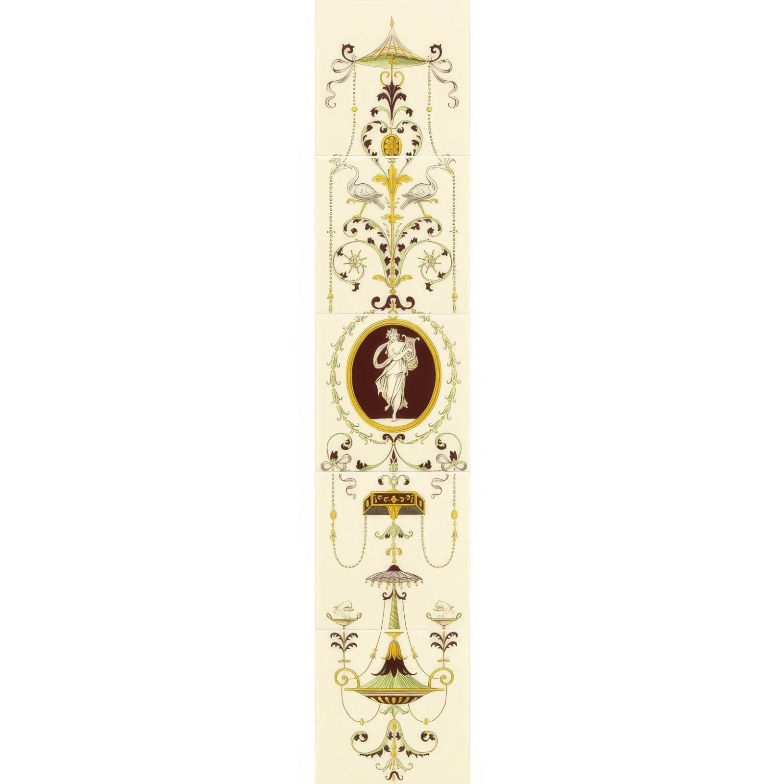 Elegant cream-colored cameo carousel 5-tile set with gold and dark brown ornate designs on county white background