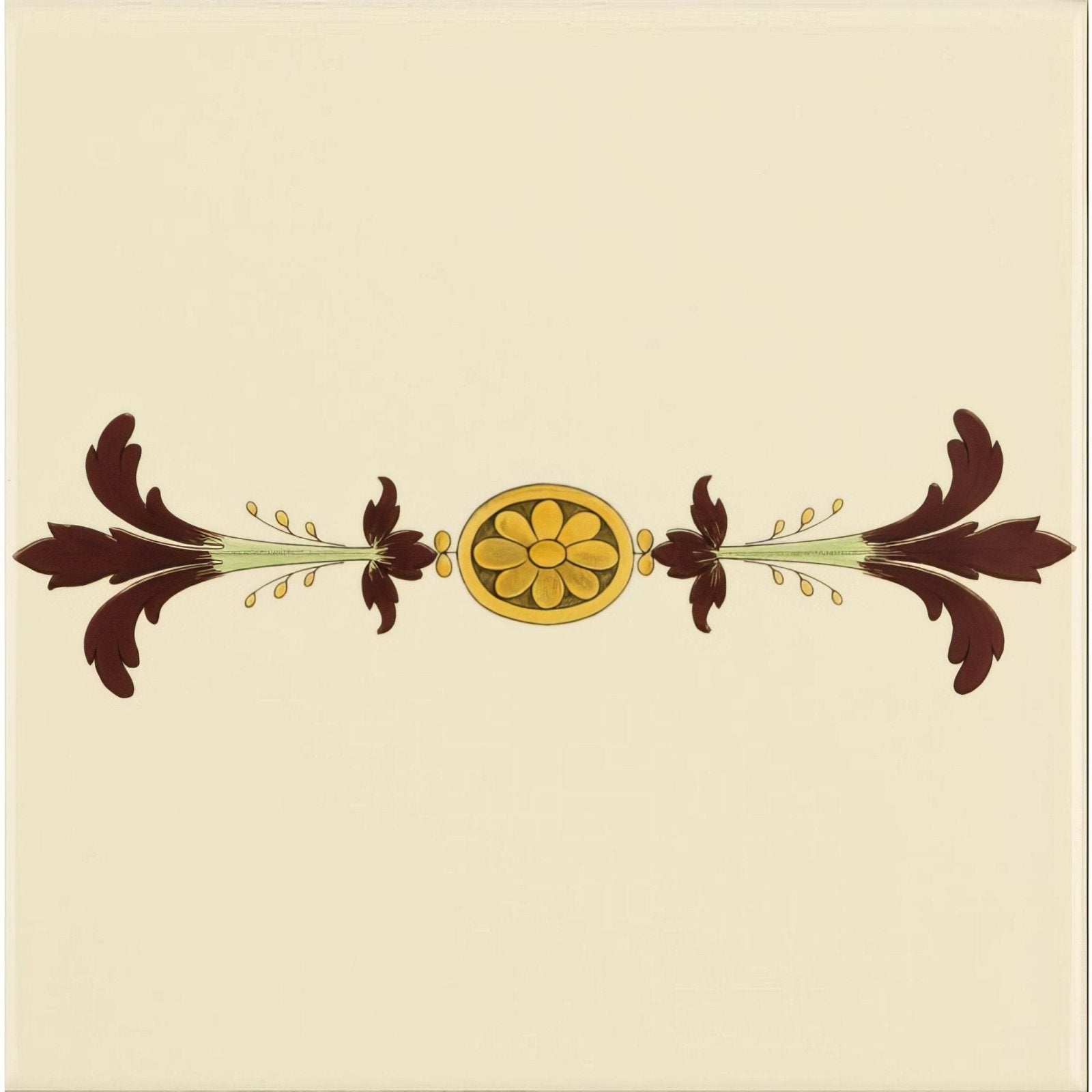 Cameo carousel border on county white features symmetrical dark brown leafy flourishes and a central golden oval with a yellow flower design