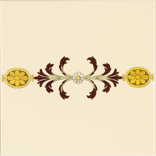 Ornate cameo carousel border on county white with symmetrical floral motifs in gold and dark brown accents