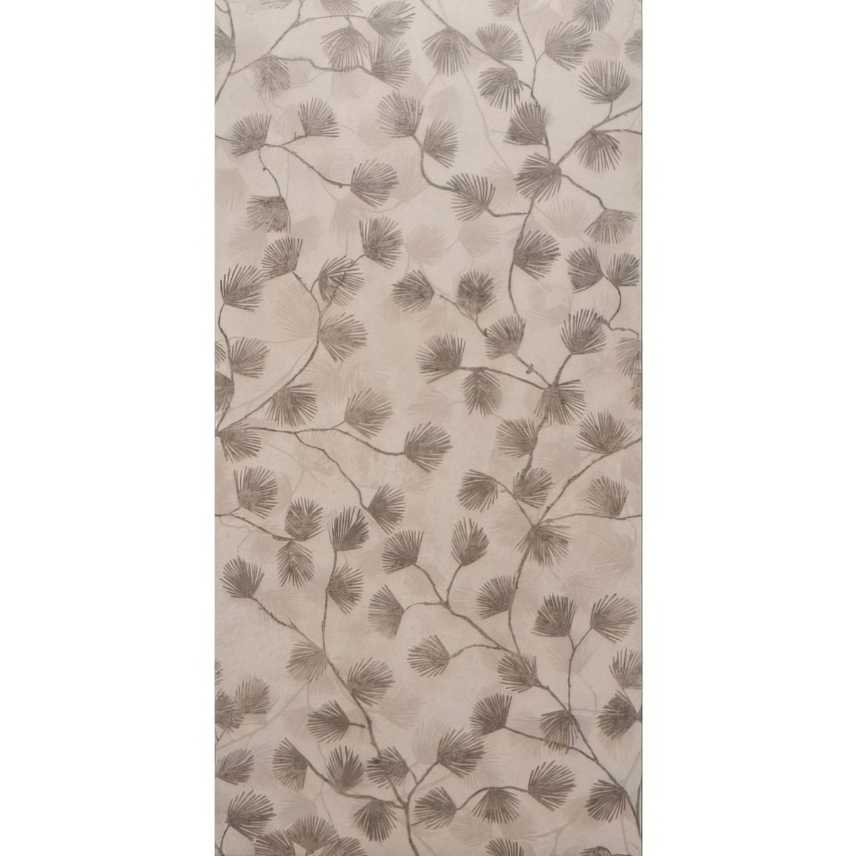 Beige canopy pine fabric 60x30cm with repeating dark gray pinecone and branch pattern on smooth textile material