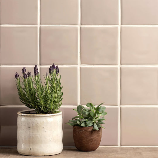 Two ceramic planters in matte white and earthy brown holding green plants for canvas field tile display