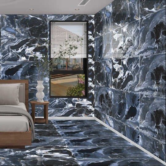 Dark blue and white marble patterned wall tiles canyon azul 60 x 120cm with swirling veining design