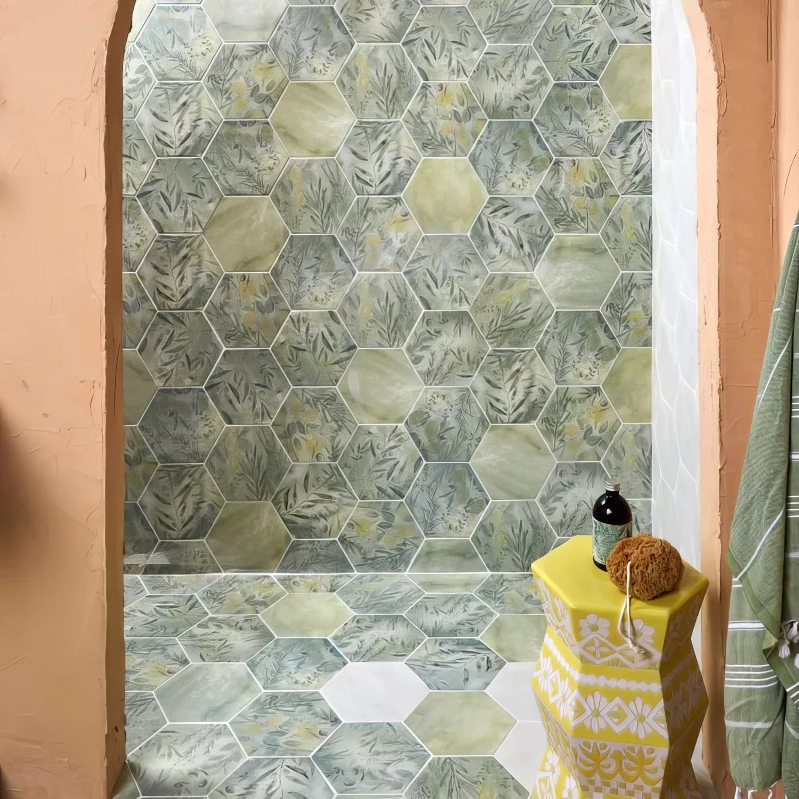 Capri porcelain hexagonal green and white porcelain tiles with botanical leaf pattern for wall and floor use