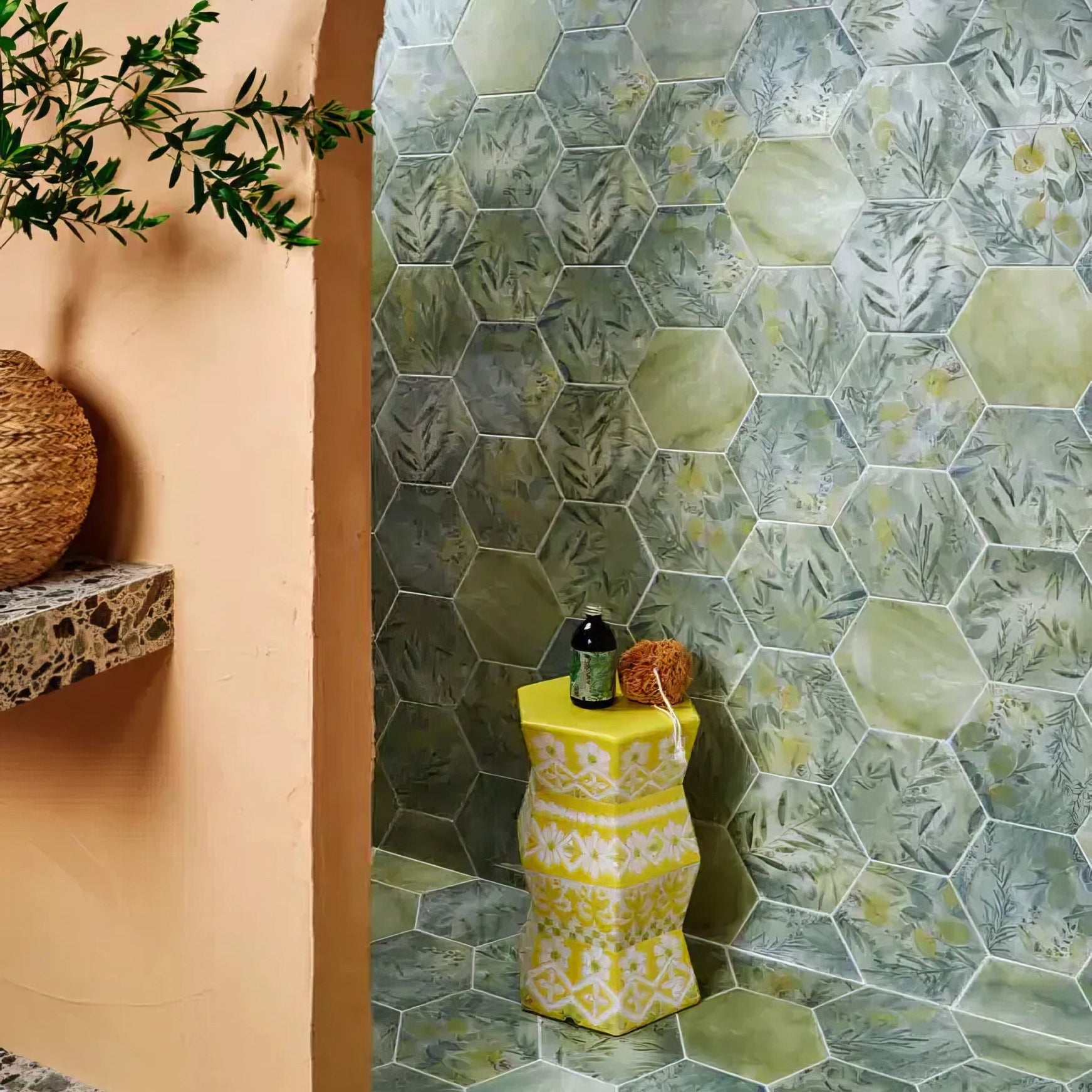 Yellow hexagonal porcelain side table with white floral pattern from capri porcelain collection