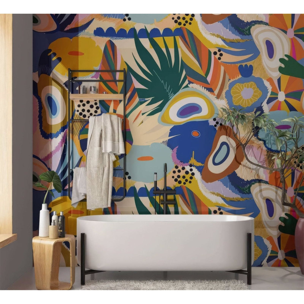 White freestanding bathtub with black metal legs paired with caribbean dream shower wall panel for bathroom use