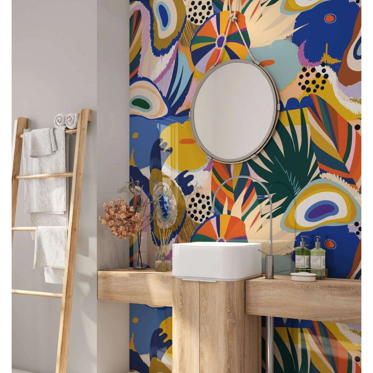 White ceramic sink with sleek modern design set on wooden vanity complementing caribbean dream shower wall panel