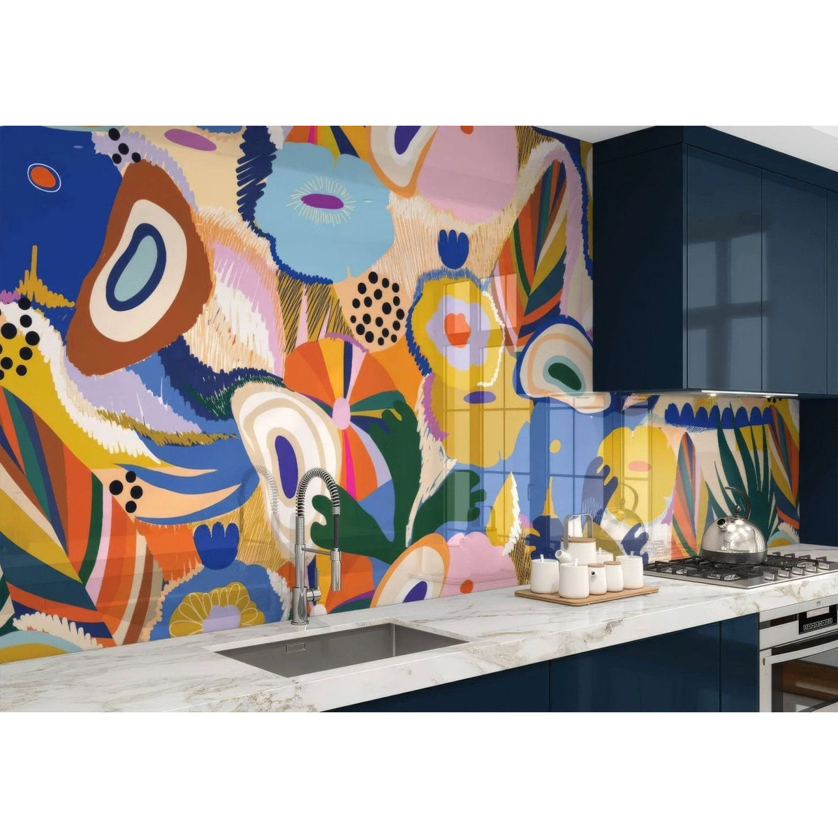 Caribbean dream shower wall panel featuring vibrant abstract floral glass backsplash with bold colors and organic shapes