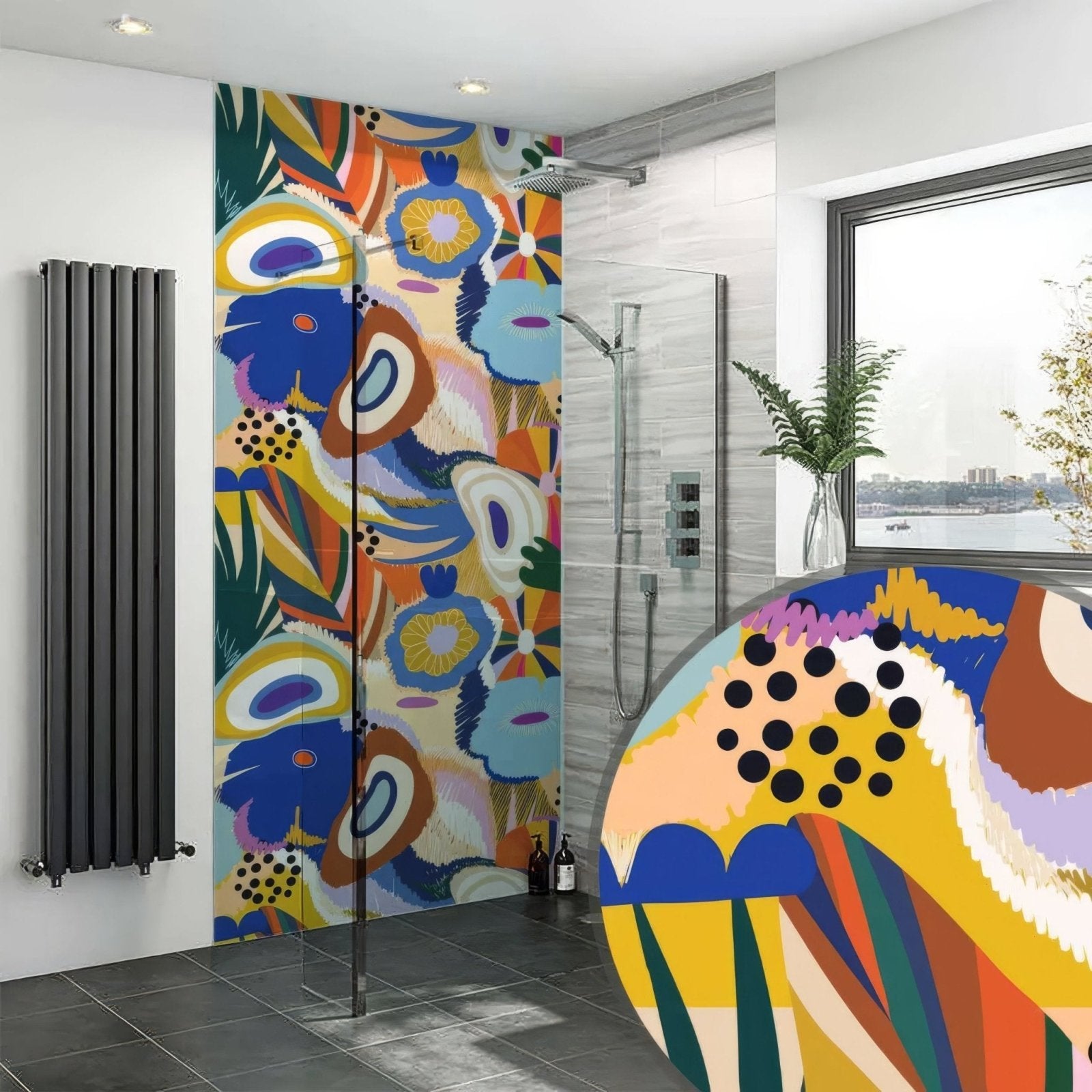 Caribbean Dream shower wall panel with vibrant abstract floral wallpaper in bold colors and playful patterns for bathroom walls