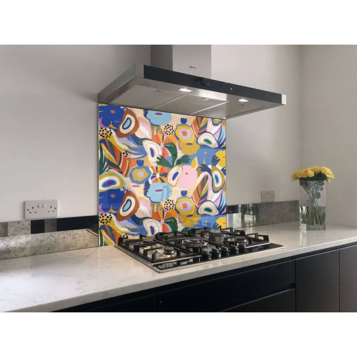 Caribbean Dream shower wall panel with vibrant abstract glossy kitchen backsplash in bold blue yellow pink and green shapes
