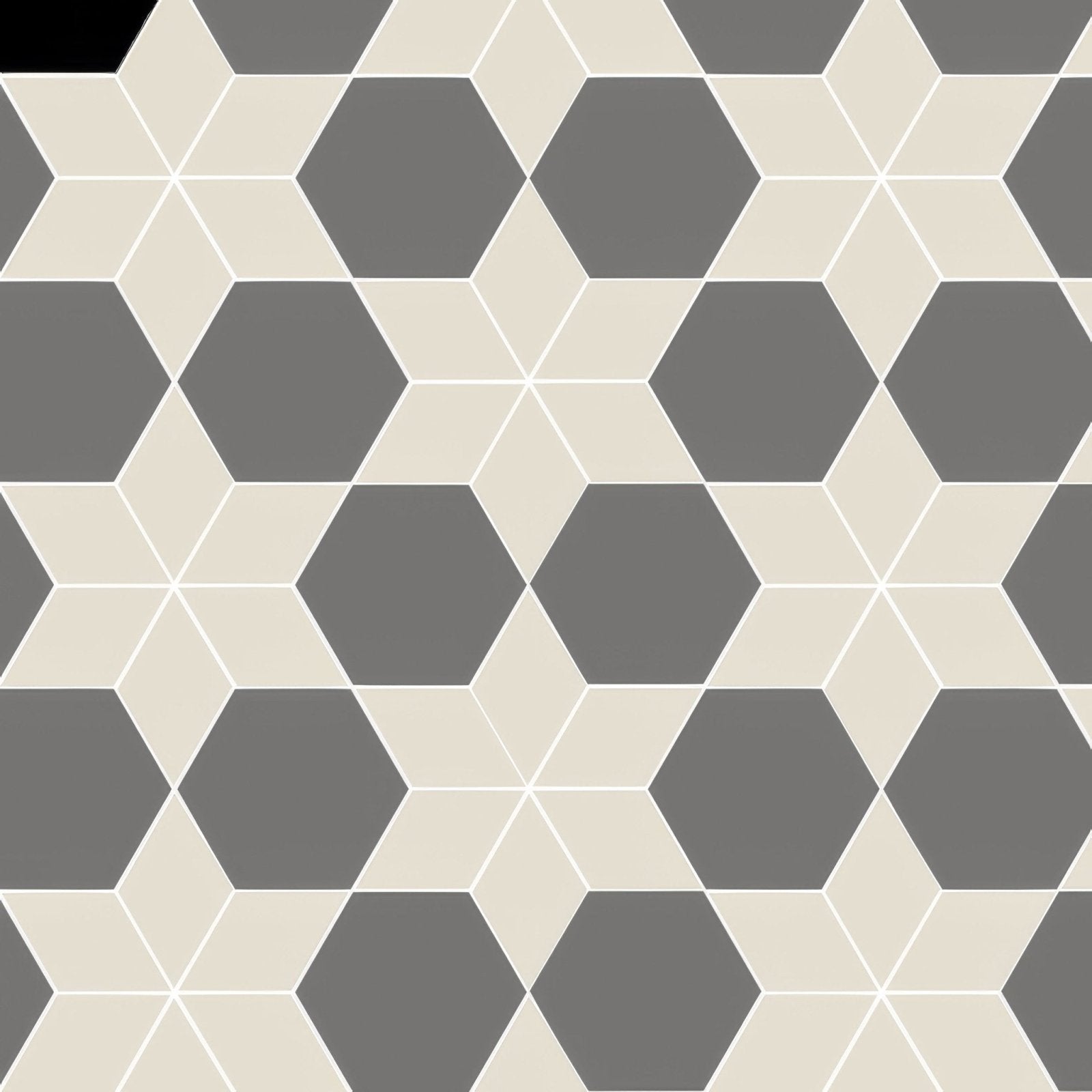 Geometric hexagonal tile pattern in carlisle revival grey and dover white with alternating gray and off-white shades