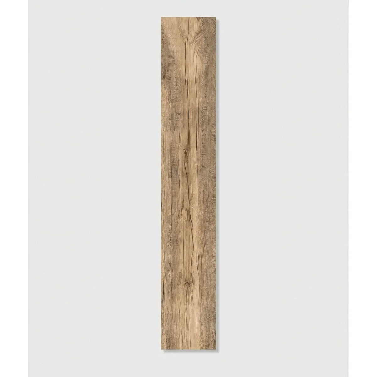 A long vertical carpenter porcelain natural wooden plank with natural light brown finish and visible grain patterns