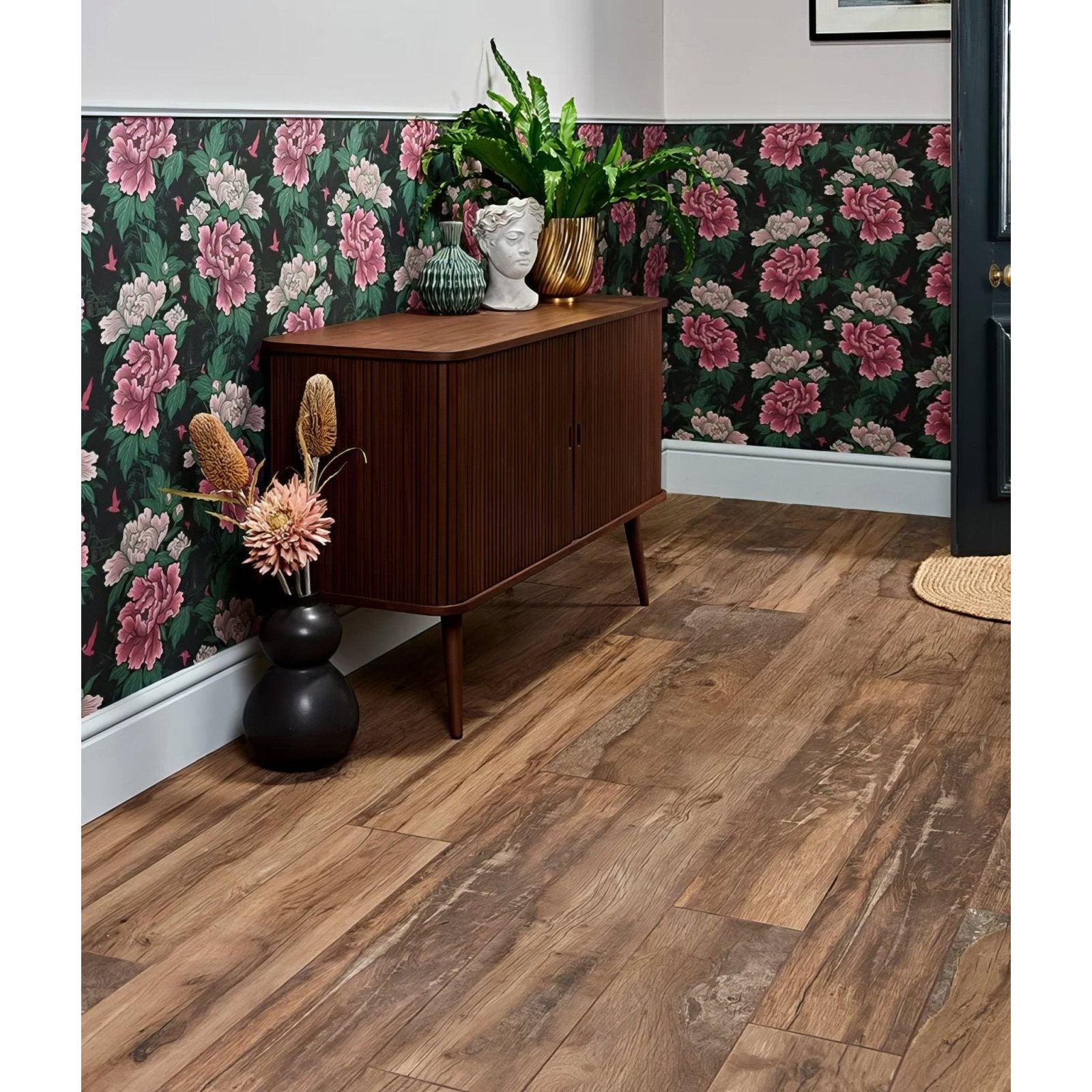 Mid-century modern carpenter porcelain rich wooden sideboard with rich brown finish and vertical slat design