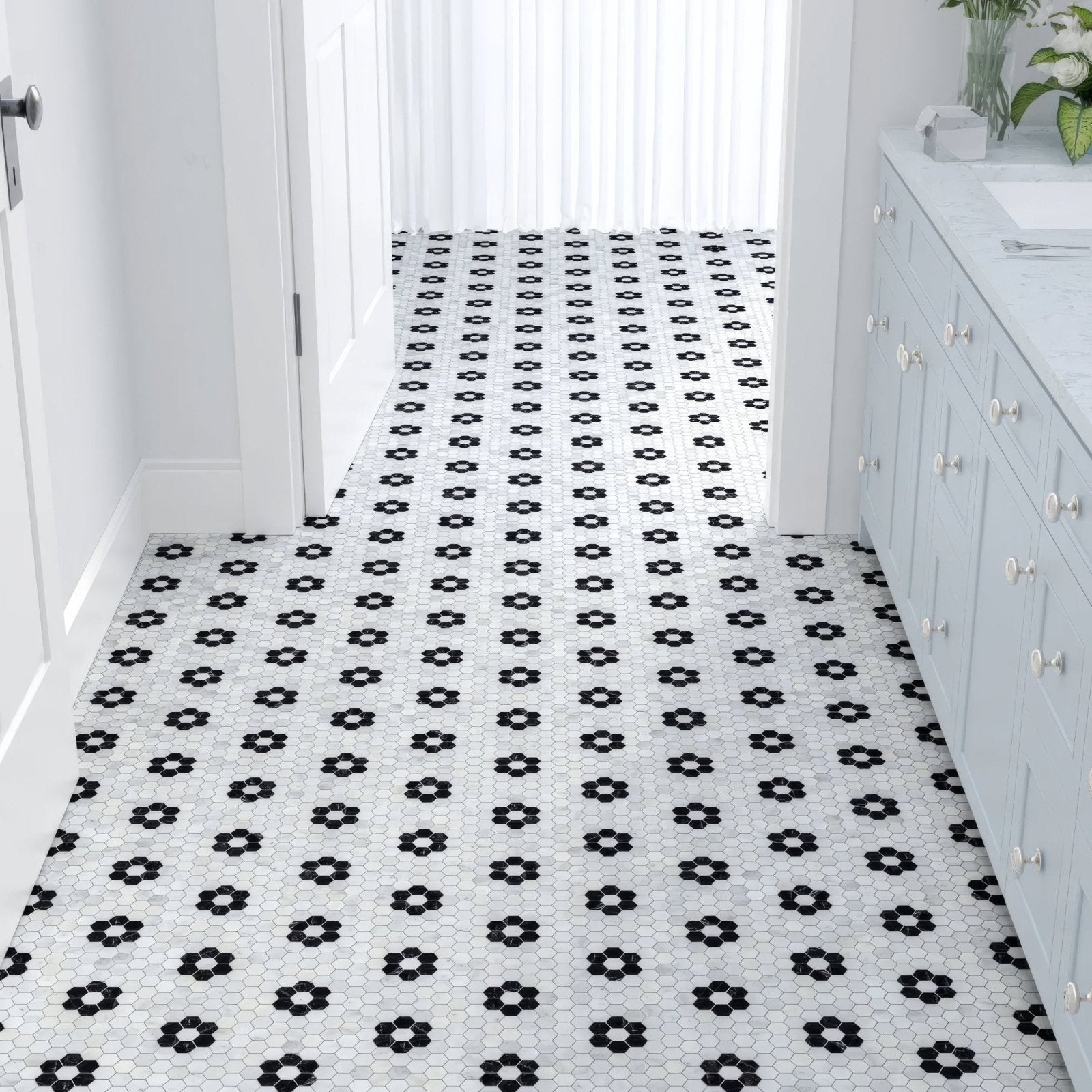 Black and white carrara st laurent marble flower mosaic tile floor with hexagonal floral pattern