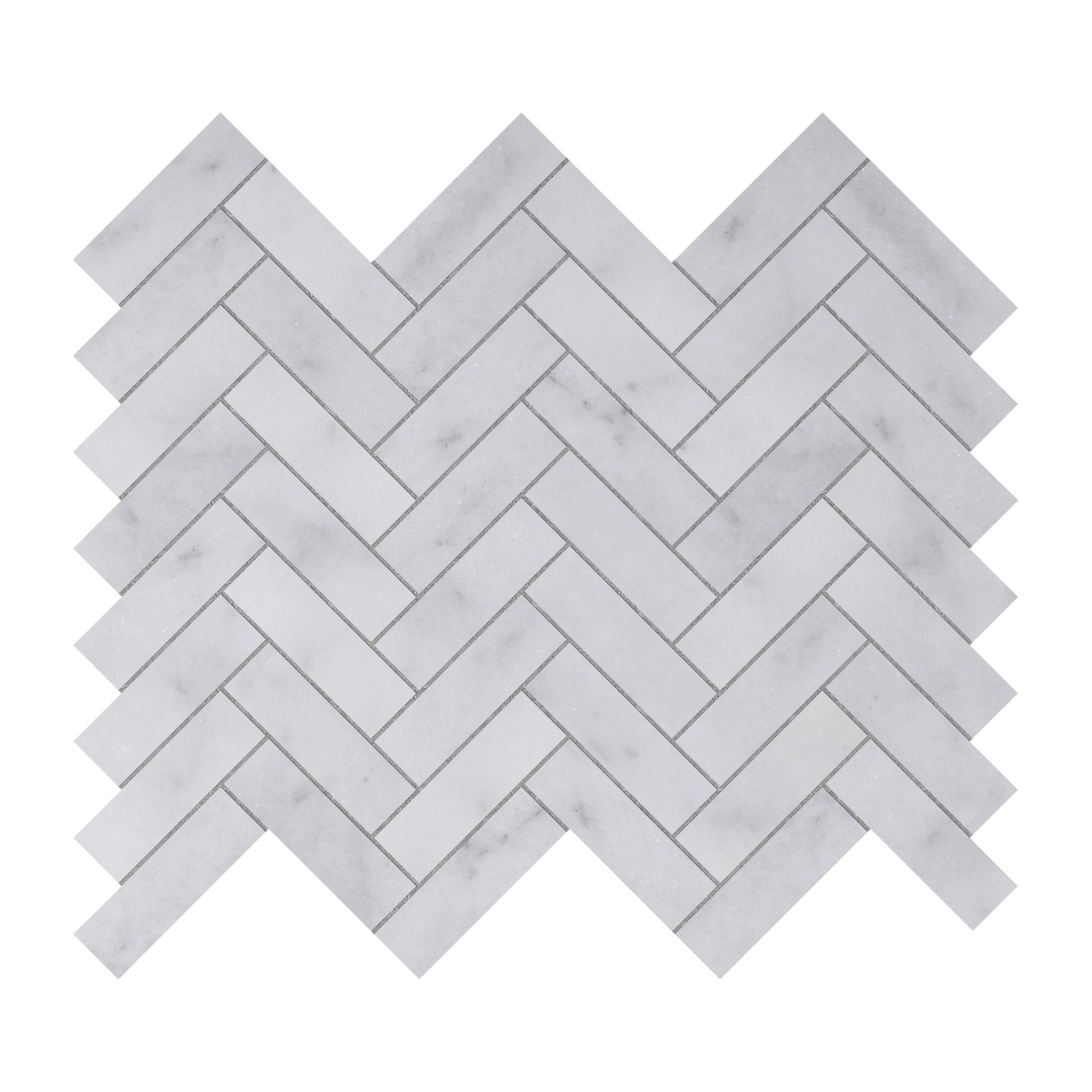 Carrara white herringbone mosaic tile featuring white marble mosaic tiles arranged in a herringbone pattern