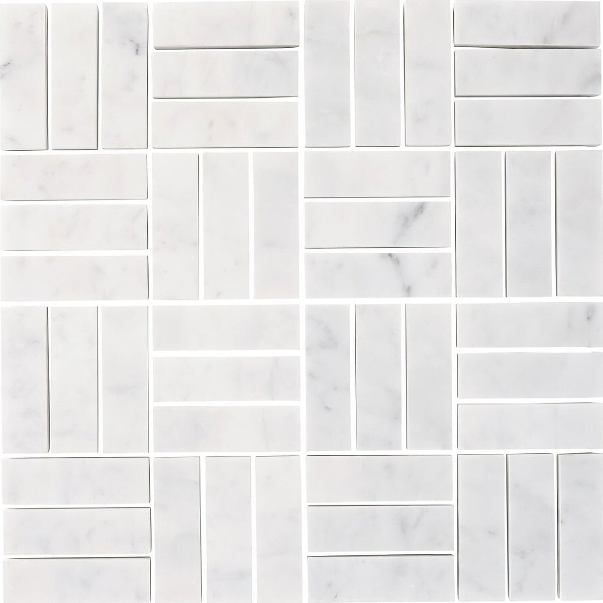 Carrara white jenga mosaic white marble tile with gray veining in a herringbone pattern for flooring and walls