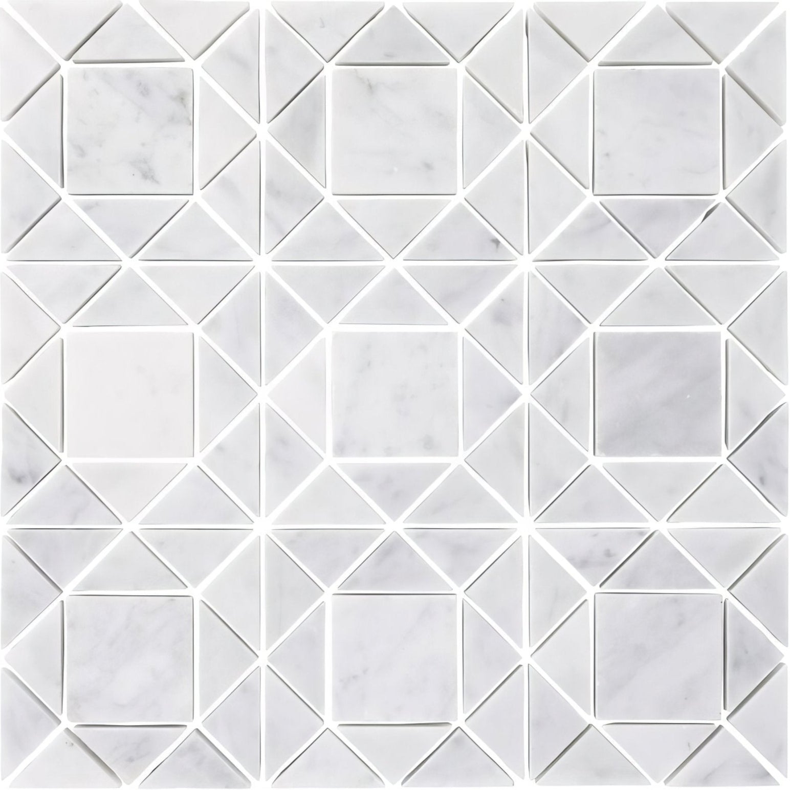 Carrara white jewel mosaic white marble tile with geometric interlocking squares and triangles pattern