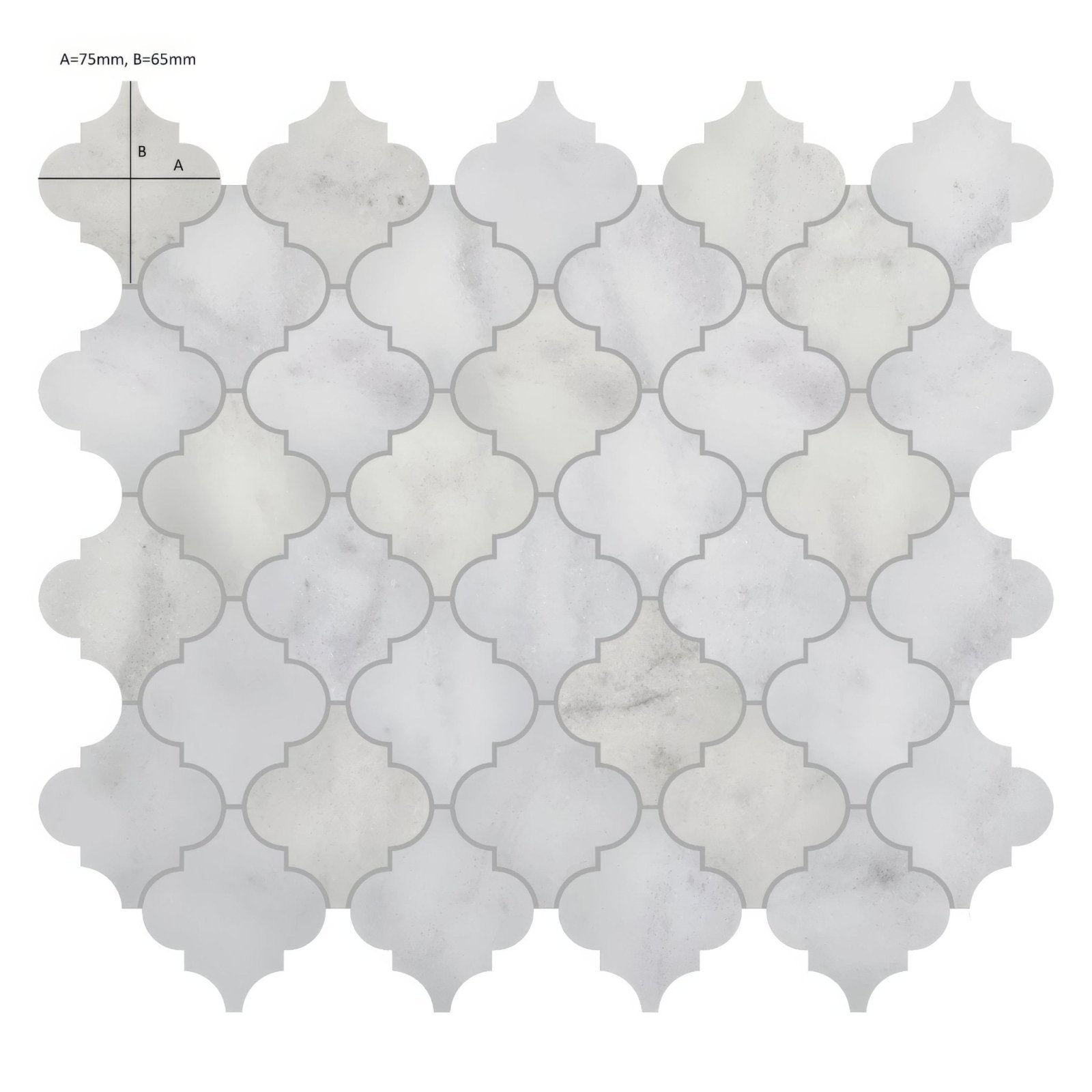 Carrara white marble arabesque mosaic tile with white marble quatrefoil pattern and subtle gray veining