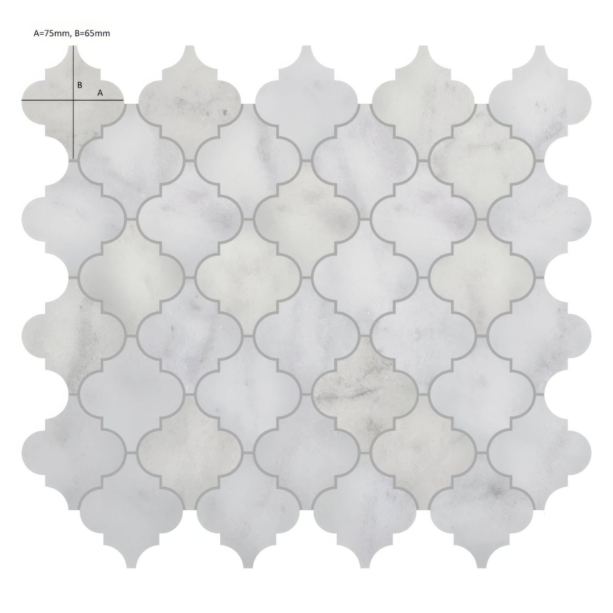 Carrara white marble arabesque mosaic tile with white marble quatrefoil pattern and subtle gray veining