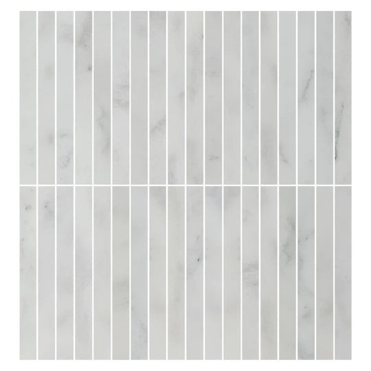 Carrara white marble kitkat mosaic tile with vertical rectangular strips and subtle gray veining on white marble
