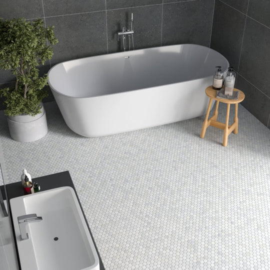 Carrara White Marble Penny Mosaic Tile - alternate view